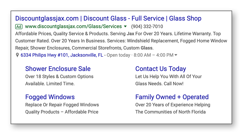 Google Ad Using All Relevant Extensions Available