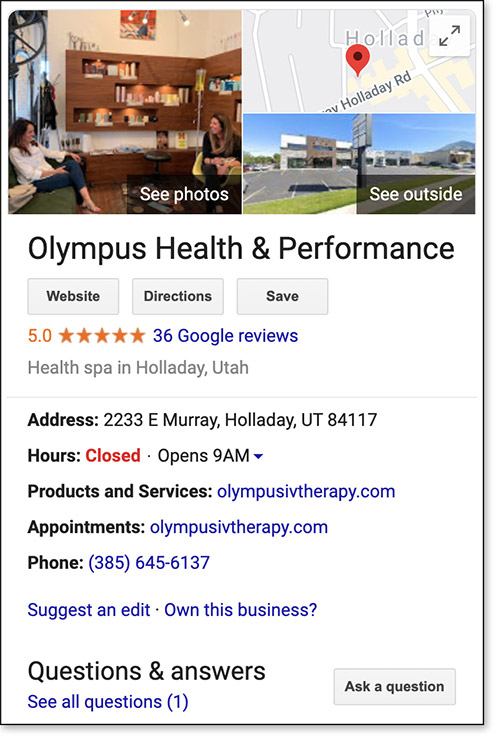 Olympus Health & Performance Google MyBusiness Listing Screenshot