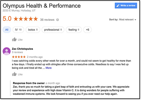 Olympus Health & Performance Google Reviews Screenshot