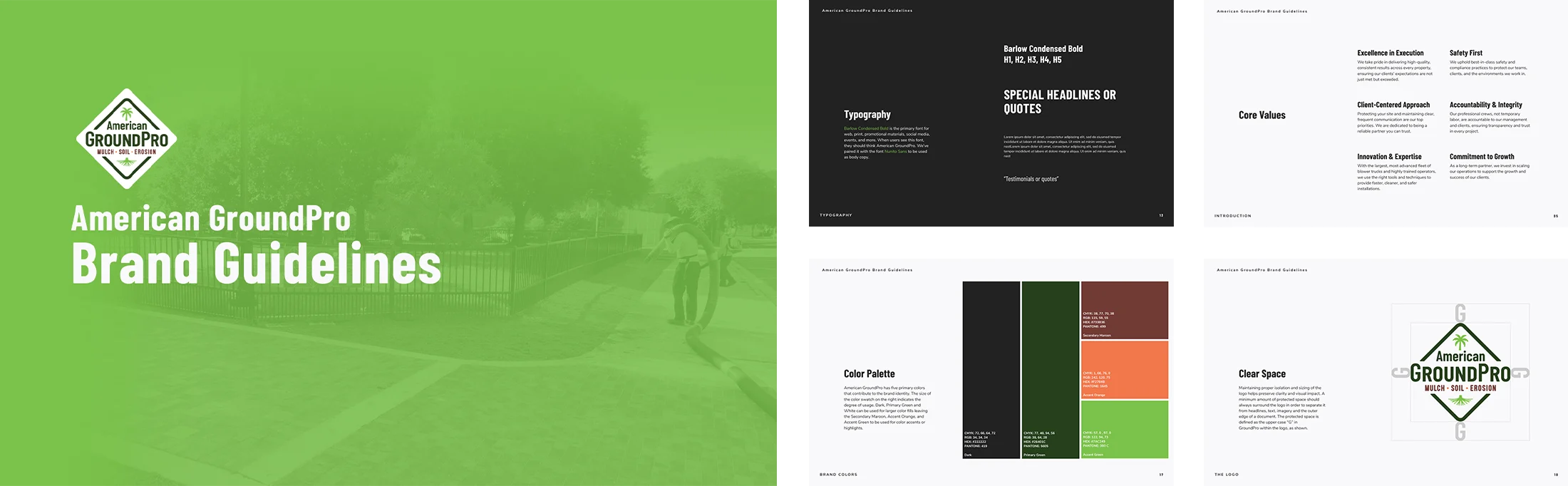 A split image showing American GroundPro Brand Guidelines on a green background with a logo, and preview pages of the brand guide featuring typography, color palette, and clear space instructions.