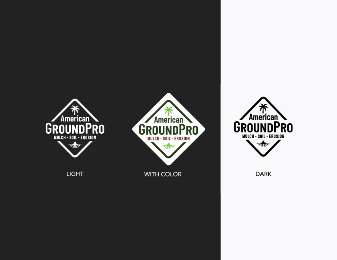 Three versions of the American GroundPro logo: light (white on black), with color (green, black, and brown on white), and dark (black on white). All feature a palm tree and the words MULCH • SOIL • EROSION.