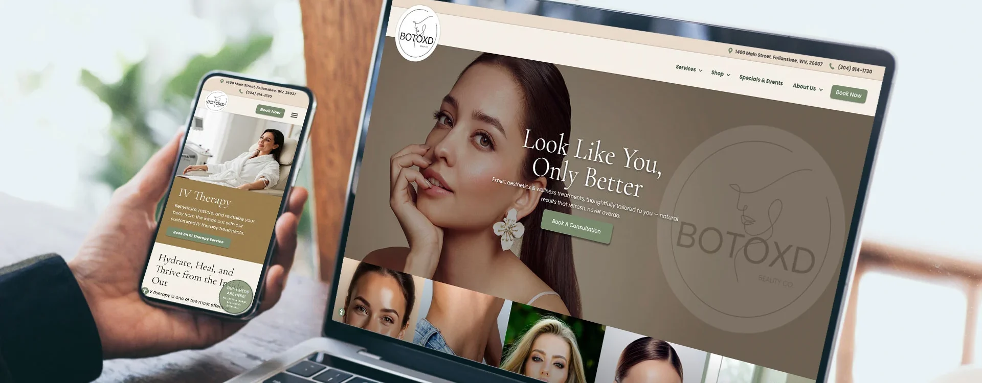 A person holds a smartphone displaying a beauty clinic website while the same website is open on a laptop, both showing an advertisement for Botox treatments with a woman’s face and the tagline Look Like You, Only Better.