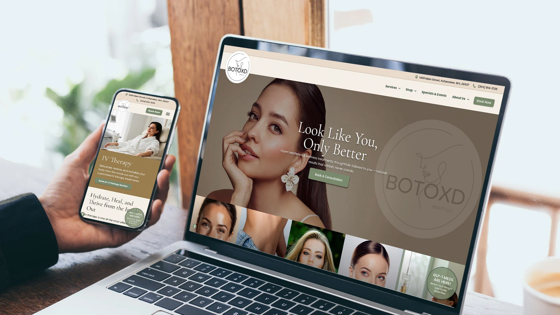 A person holds a smartphone displaying a beauty clinic website while the same website is open on a laptop, both showing an advertisement for Botox treatments with a woman’s face and the tagline Look Like You, Only Better.