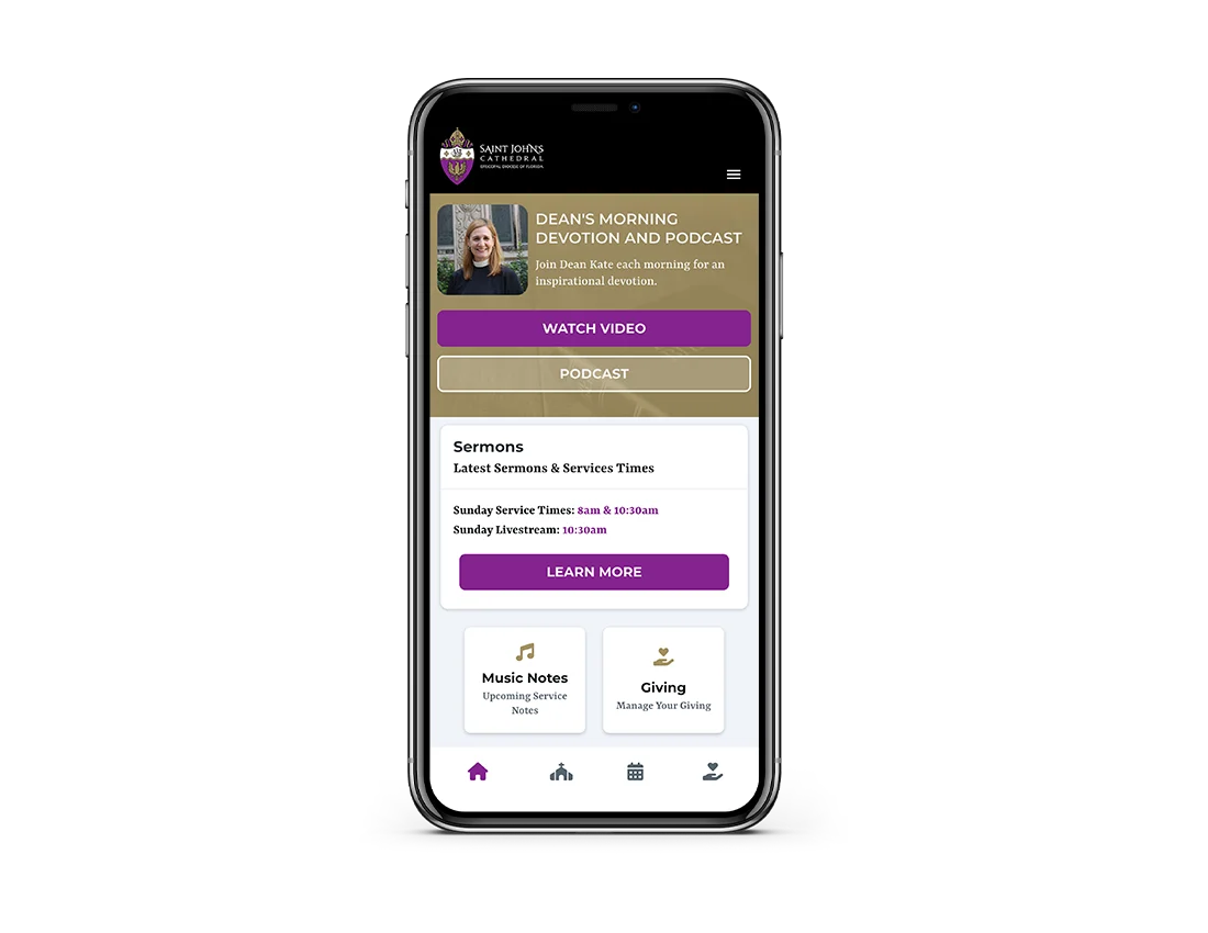 A smartphone displays a church app featuring a morning devotion video, podcast, sermon times, and sections for music notes and giving. The app has purple and gold accents with a photo of a woman at the top.