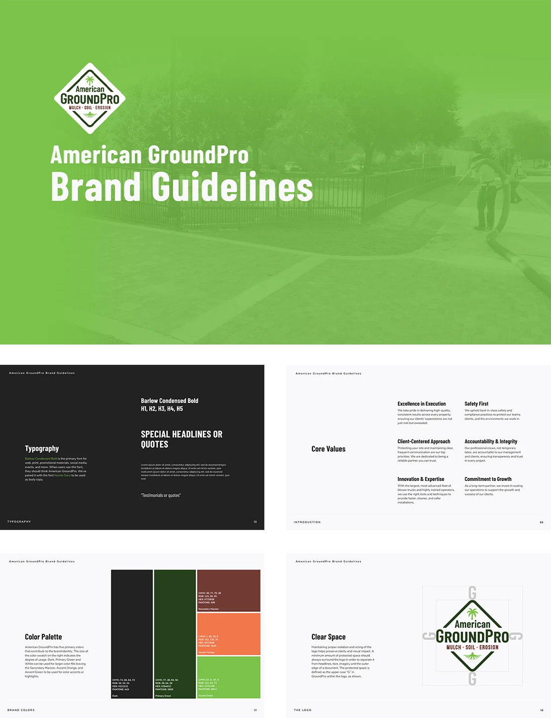 A brand guidelines document for American GroundPro, showing typography, color palette, core values, and logo clear space rules on a clean, structured layout with green accents and a faint background image of a landscaped park.
