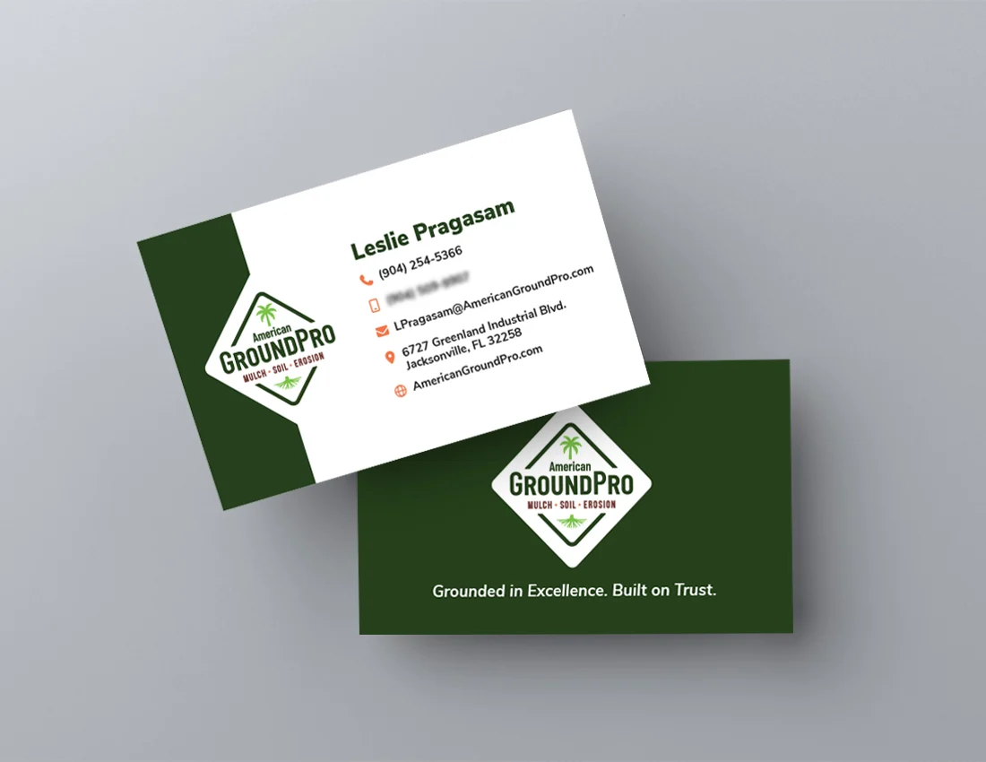 Two business cards for GroundPro. One shows contact details for Leslie Pragasam; the other displays the logo and tagline: Grounded in Excellence. Built on Trust. The cards use green and white colors.