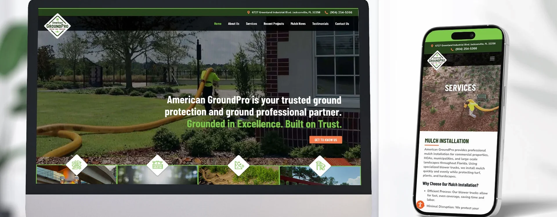 A desktop monitor and smartphone display the American GroundPro website, showcasing landscaping services and company information with green branding on both screens.