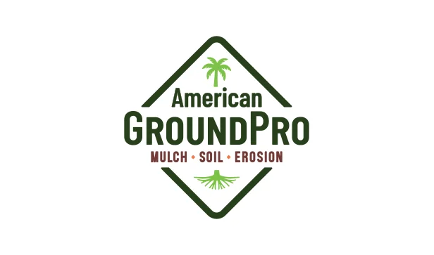 Logo for American GroundPro featuring a green palm tree above the company name, with the words Mulch • Soil • Erosion below in red, all enclosed in a green diamond outline on a white background.