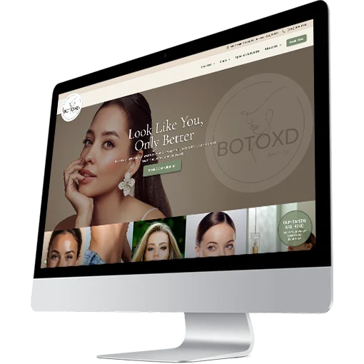 A desktop computer displays a beauty clinic website featuring a woman with flawless skin, the slogan Look Like You, Only Better, and images of other women below. The website has a clean, modern design.