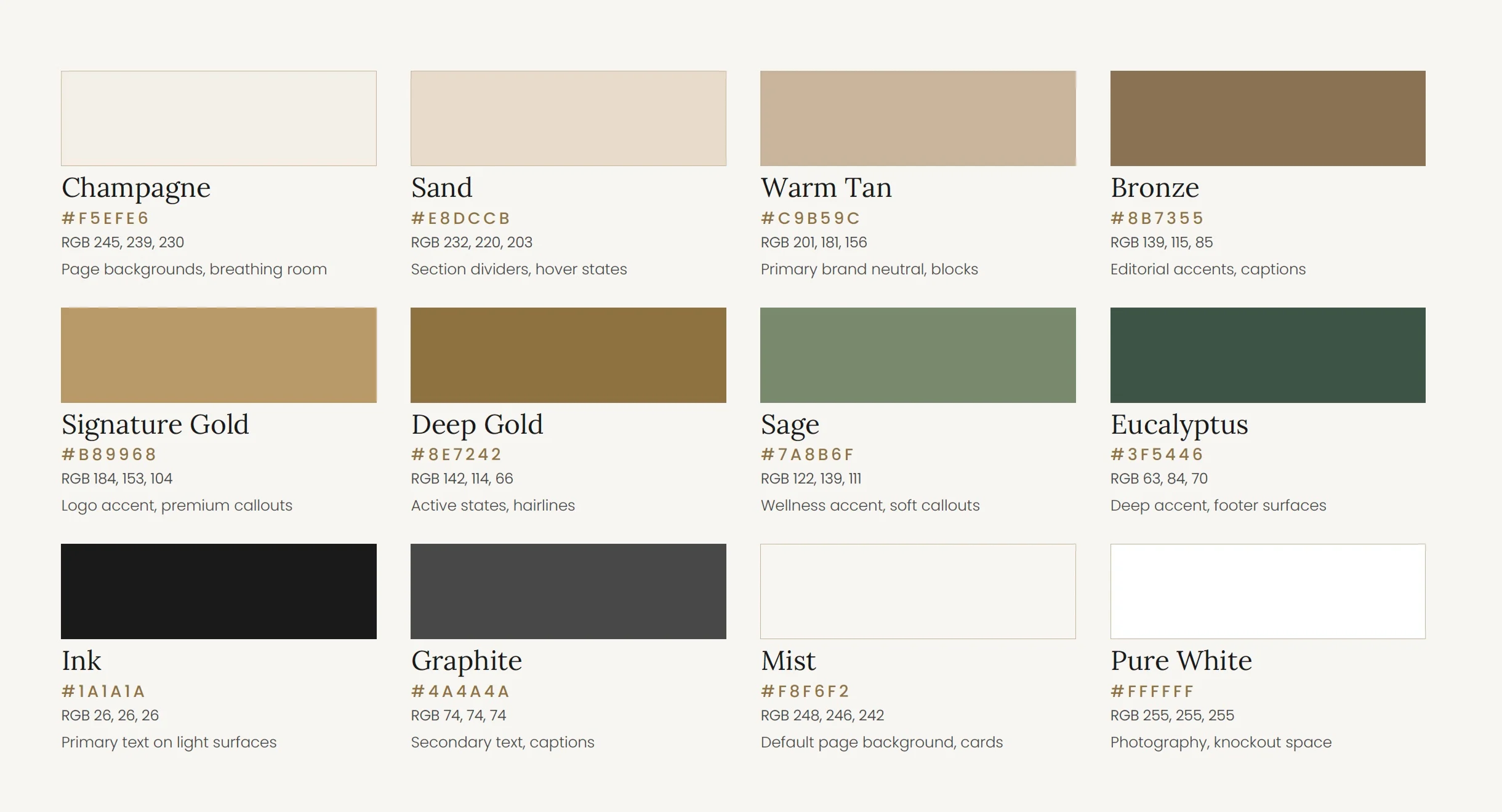 A color palette displays 12 color swatches, each labeled with names, hex codes, RGB values, and suggested uses, including Champagne, Sand, Warm Tan, Bronze, golds, greens, black, gray, and white shades.