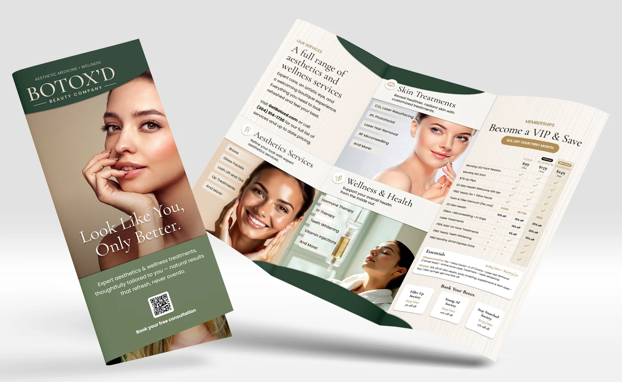 Two beauty brochures: one features a womans face with Look Like You, Only Better text, the other shows skincare treatments, smiling women, membership options, and a QR code on a light, elegant design.
