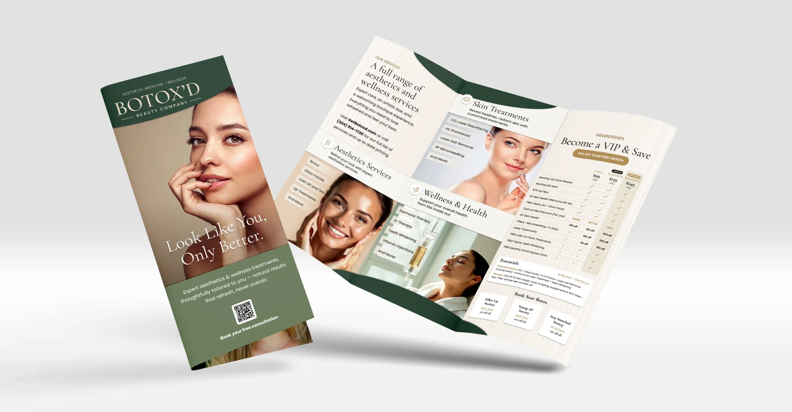 A Botox service brochure featuring images of smiling women, service details, and a VIP savings chart, with a green and beige color scheme and the slogan “Look like you, only better.”.