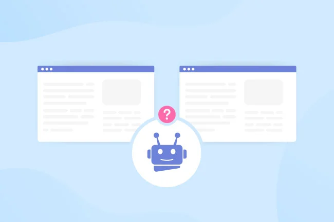 Illustration of a friendly robot icon with a question mark above its head, positioned between two web browser windows on a light blue background.