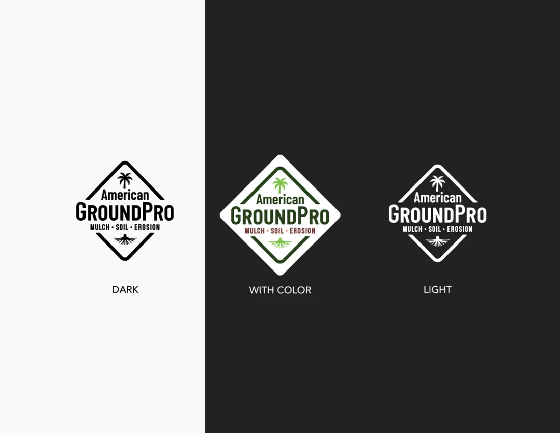 Three versions of the American GroundPro logo: black on white (DARK), green and brown on white (WITH COLOR), and white on black (LIGHT). All logos include a palm tree and the words MULCH • SOIL • EROSION..