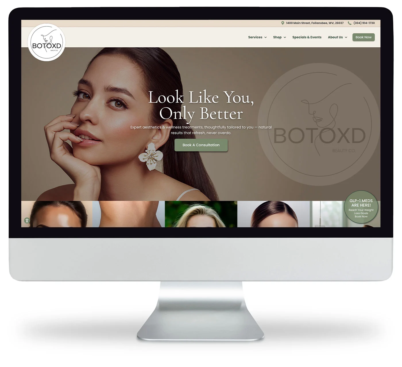 A computer screen displays a beauty clinic website with a woman touching her face, text reading Look Like You, Only Better, and a Book a Consultation button. The BOT0XD logo appears on the top left.