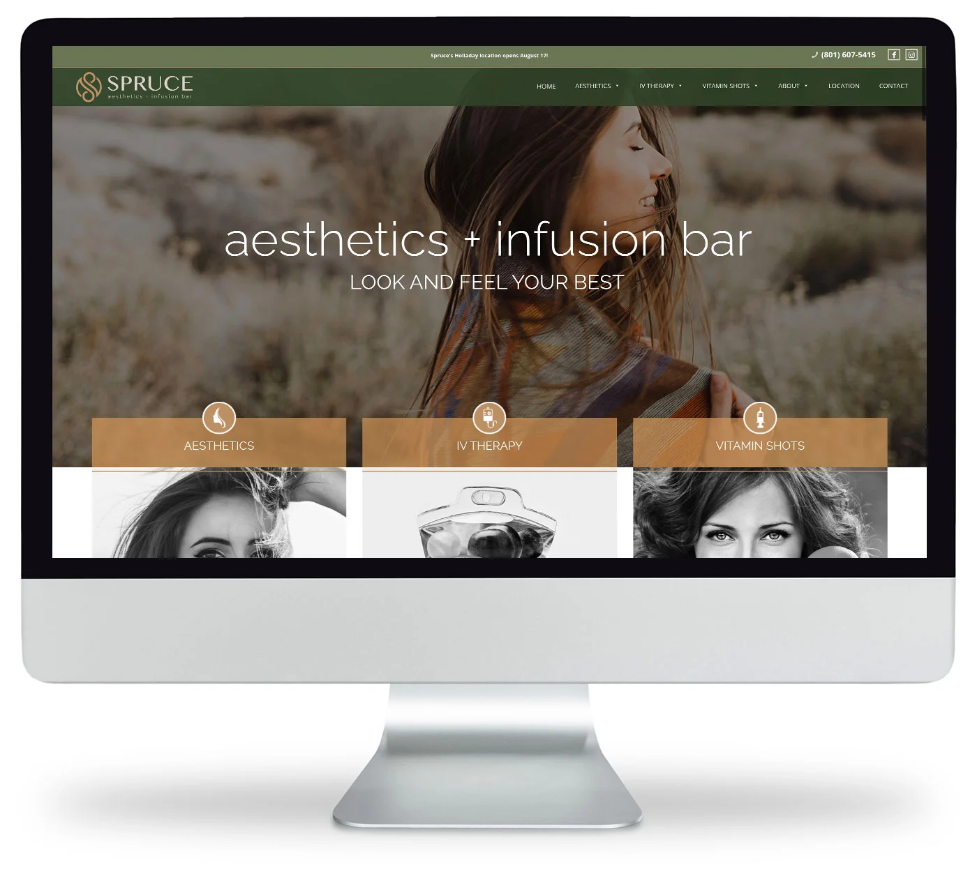 Computer screen displaying the Spruce website homepage with the text aesthetics + infusion bar and three service options: Aesthetics, IV Therapy, and Vitamin Shots. A womans face is visible in the background.