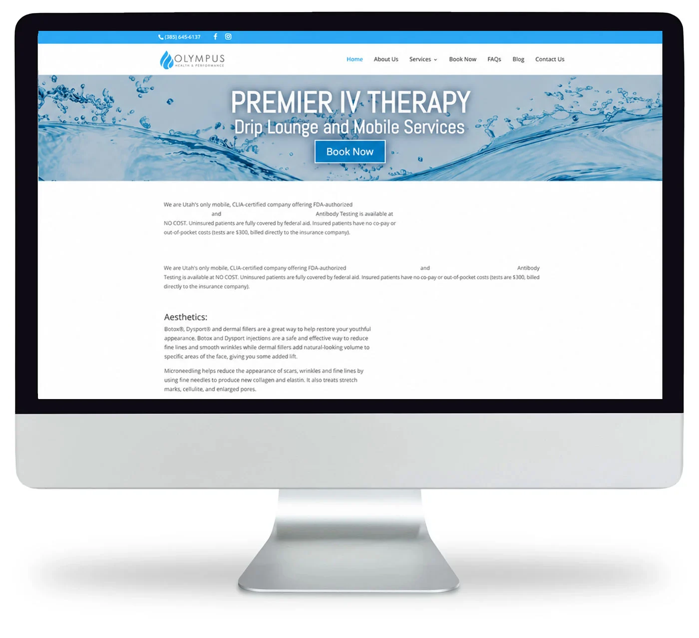 A computer monitor displays the Olympus IV Therapy website, featuring a blue header with water splashes, navigation links, and information about mobile IV therapy and aesthetic services.